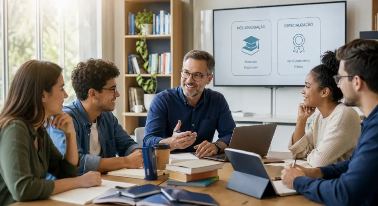 Professor orienta estudantes adultos em uma sala de aula moderna sobre as diferenças entre pós-graduação e especialização, com apresentação exibida ao fundo.