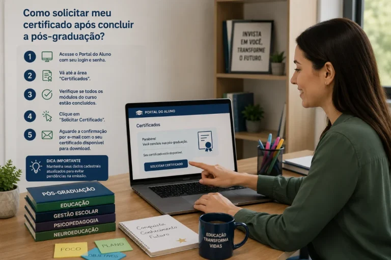 Estudante acessa o portal do aluno em um notebook para solicitar o certificado após concluir a pós-graduação, com orientações exibidas na tela.