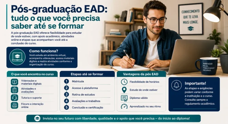 Estudante faz anotações enquanto utiliza notebook em ambiente de estudo, representando a jornada da pós-graduação EAD até a formação.