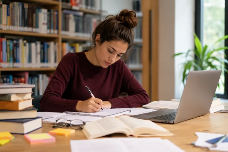 Estudante concentrada escrevendo em um caderno enquanto consulta livros e um notebook em uma biblioteca, representando a elaboração de trabalhos acadêmicos na pós-graduação.