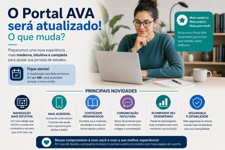 Estudante acessa o Portal AVA pelo notebook em ambiente de estudo, representando a atualização do ambiente virtual de aprendizagem.