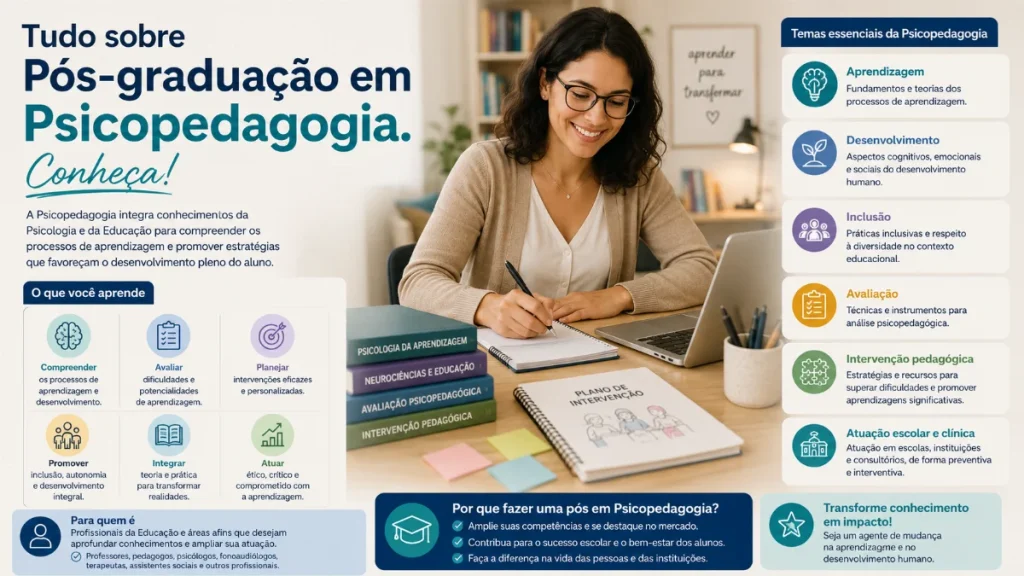 Profissional estuda em notebook e faz anotações em mesa com materiais sobre aprendizagem, avaliação e intervenção pedagógica, representando a pós-graduação em Psicopedagogia.