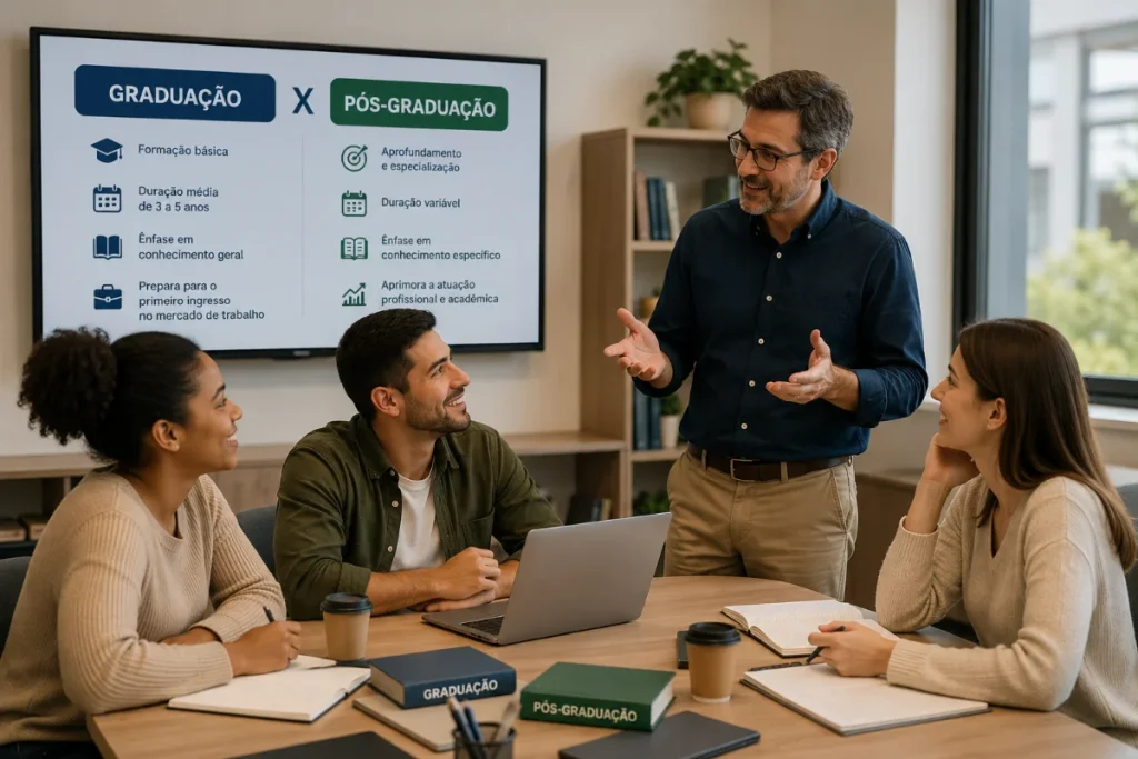 Estudantes adultos conversam com um professor em uma sala de aula moderna sobre as diferenças entre graduação e pós-graduação, com materiais de estudo sobre a mesa.