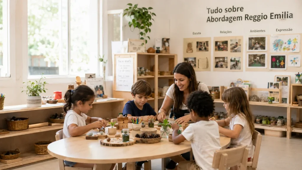 Educadora acompanha crianças em uma atividade com materiais naturais em sala de aula inspirada na Abordagem Reggio Emilia, com registros pedagógicos expostos ao fundo.