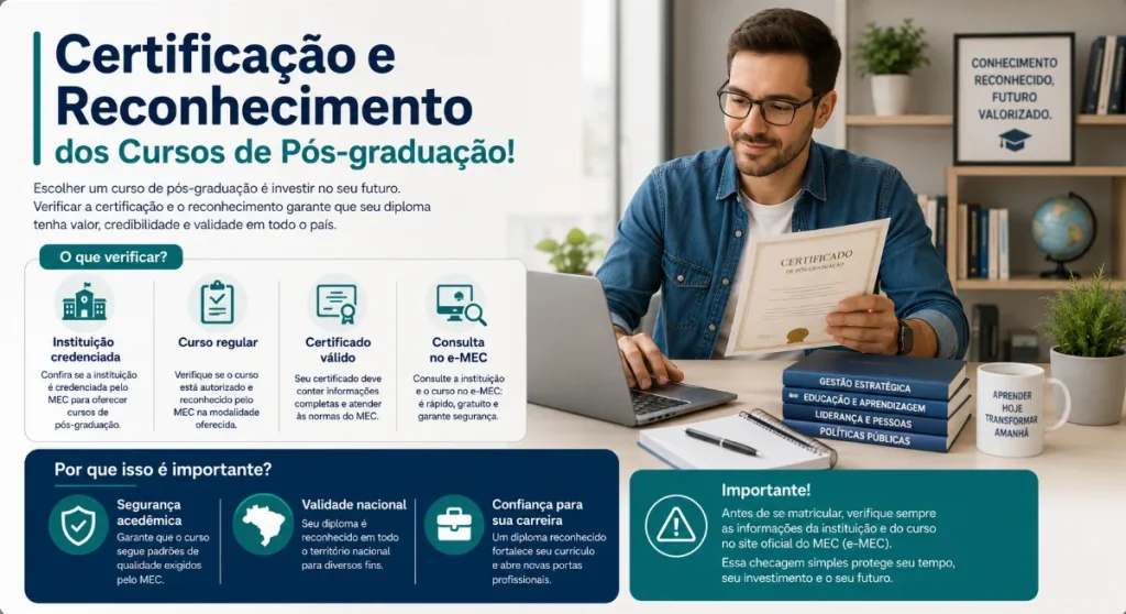 Profissional consulta no notebook informações sobre certificação e reconhecimento de cursos de pós-graduação enquanto segura um certificado em ambiente de estudo.