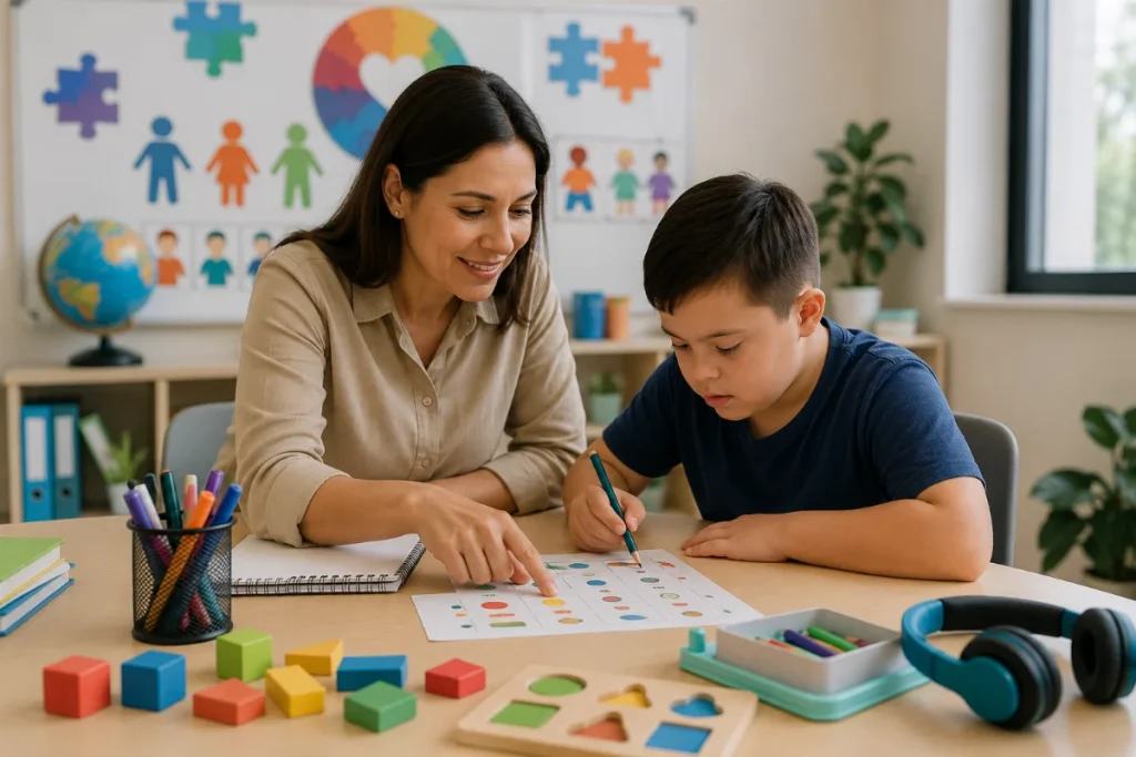Professora acompanhando uma criança em atividade pedagógica individual, utilizando materiais educativos e recursos de apoio à aprendizagem em um ambiente inclusivo.