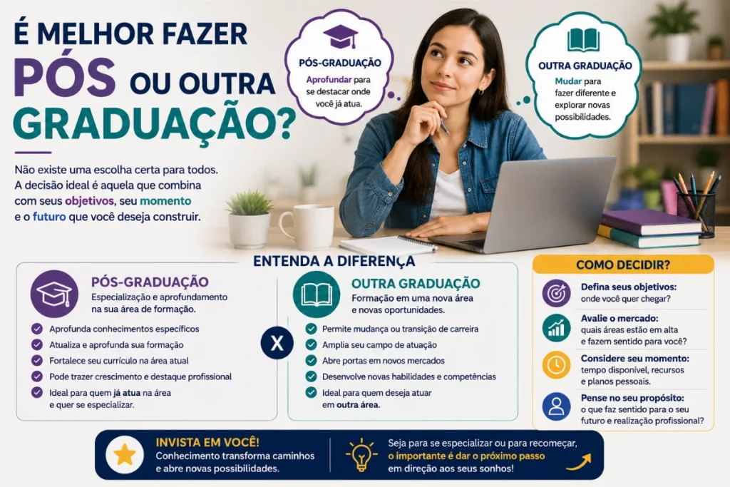 Estudante reflete diante do notebook sobre escolher entre fazer pós-graduação ou outra graduação para avançar na carreira.