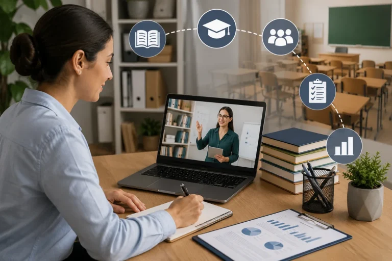 Profissional estudando Gestão Escolar EAD em um ambiente de home office, acompanhando uma aula online no computador e realizando anotações sobre administração e liderança educacional.