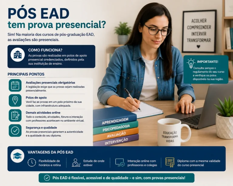 Estudante faz anotações ao lado de um notebook em ambiente de estudo, representando dúvidas sobre prova presencial na pós-graduação EAD.