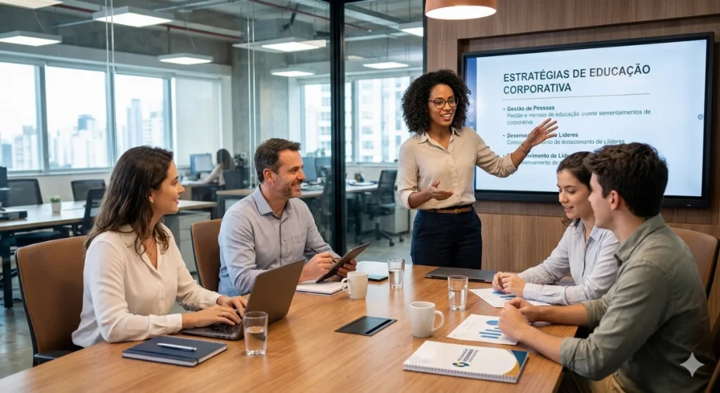 Equipe em reunião de treinamento com apresentação sobre educação corporativa