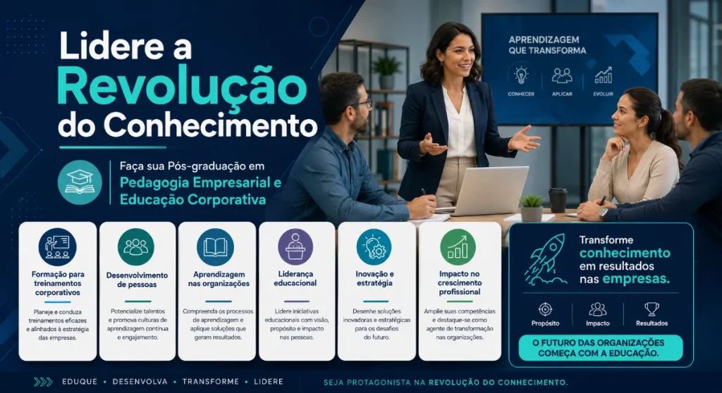 Profissional conduz reunião em ambiente corporativo sobre aprendizagem organizacional, representando a pós-graduação em Pedagogia Empresarial e Educação Corporativa.