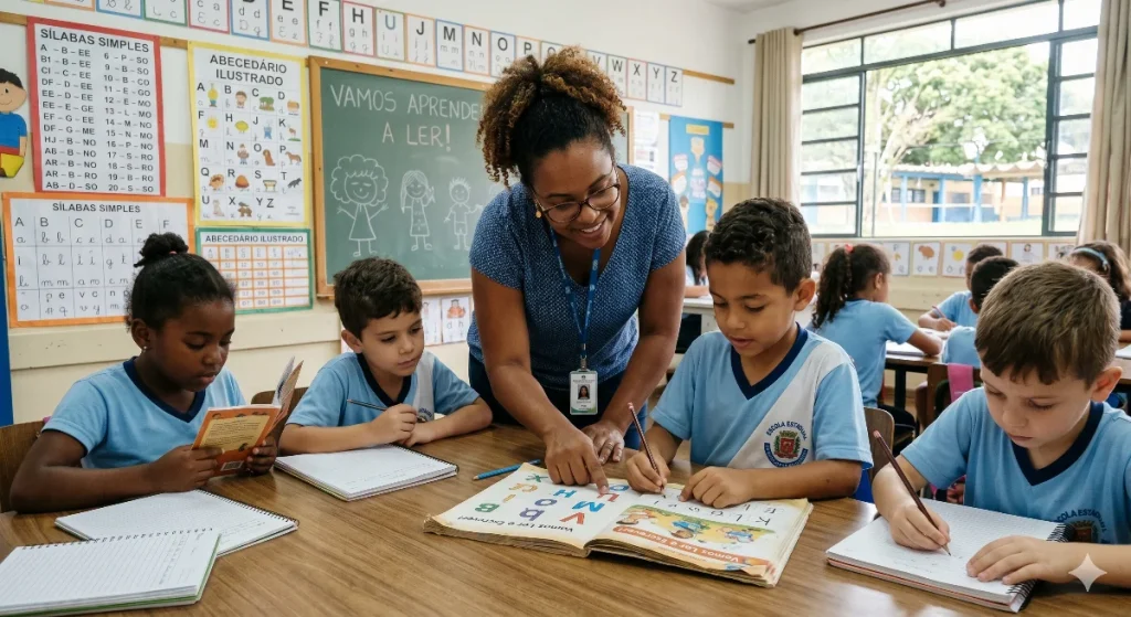 Professor aplicando alfabetização e letramento na educação inclusiva.